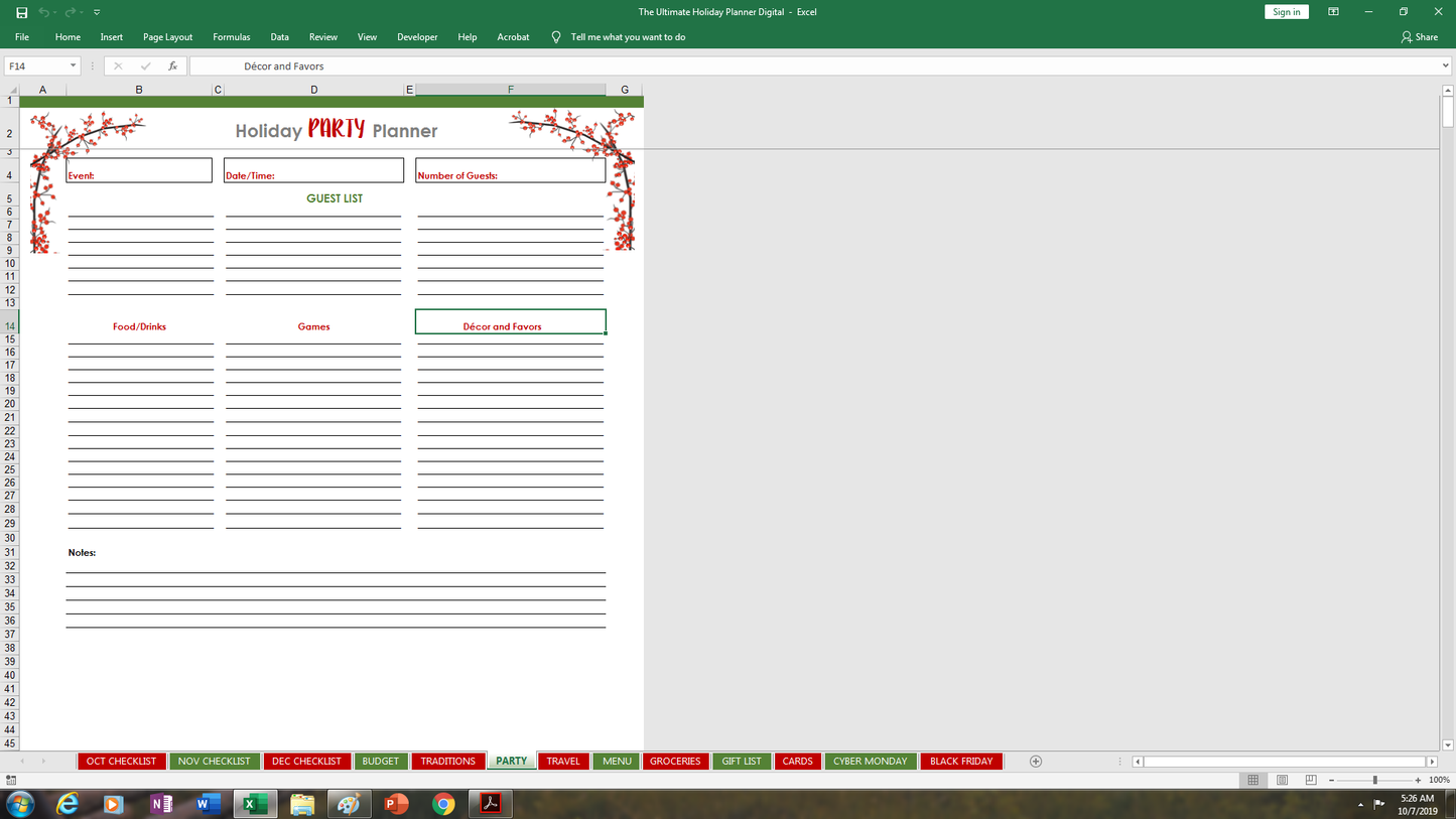 Digital Holiday Planner Spreadsheets
