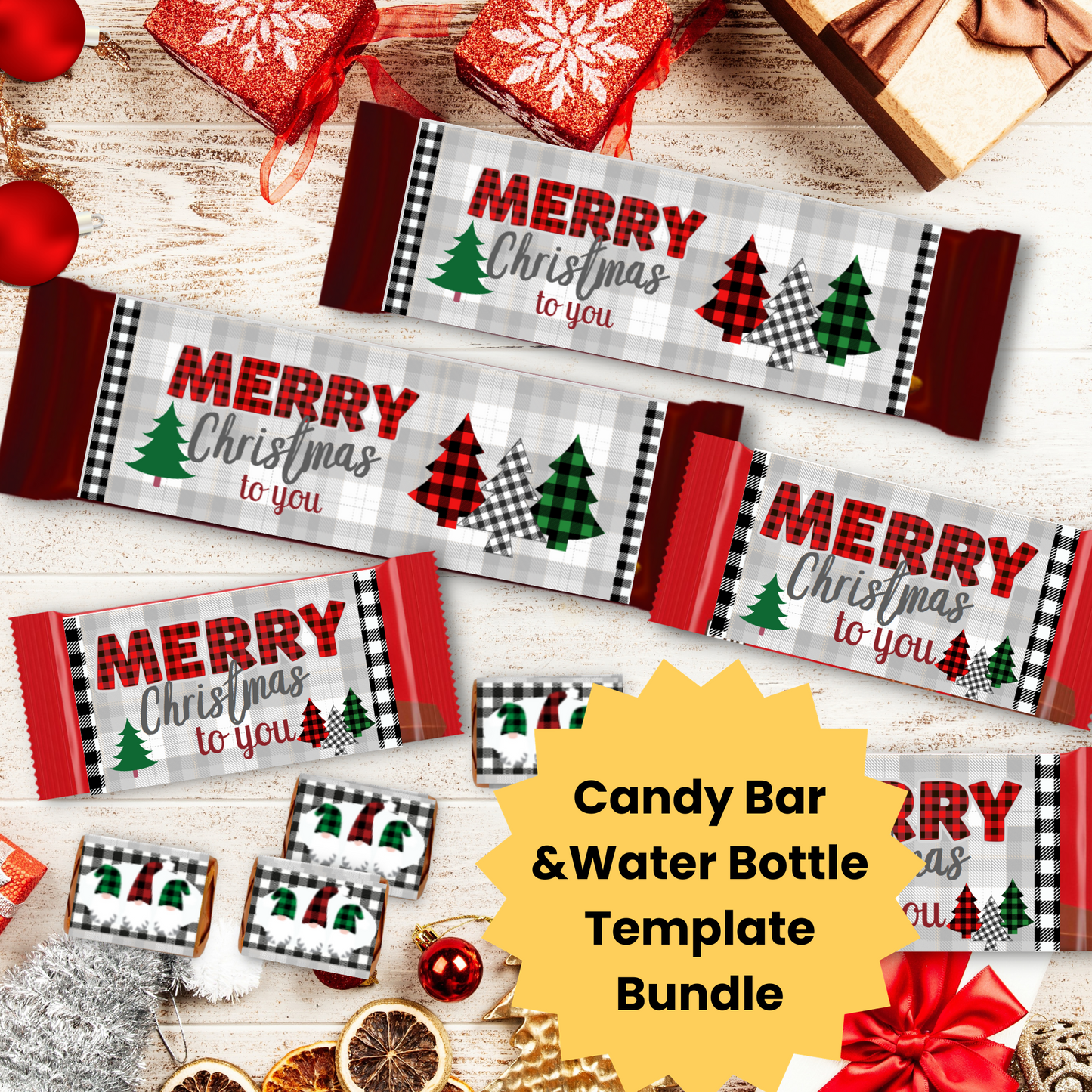 Christmas Candy Bar and Water Bottle Templates - Buffalo Plaid