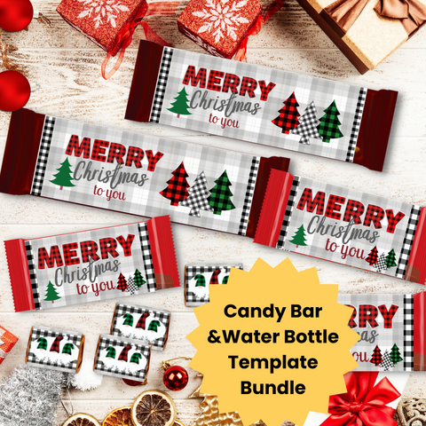 Image of Christmas Candy Bar and Water Bottle Templates - Buffalo Plaid