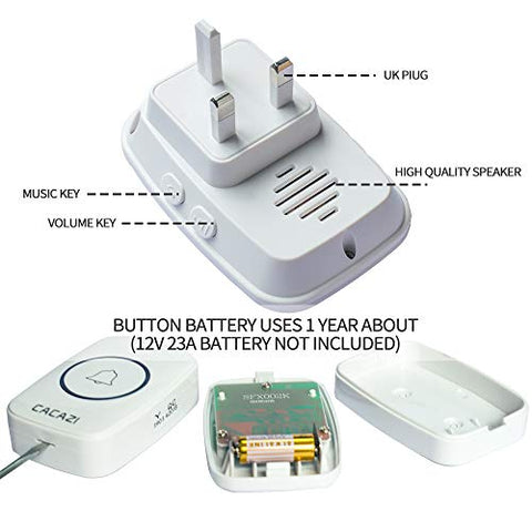 Image of Wireless Doorbell, Plug-in Receiver, 1000 Ft Operating Range (1 Button + 2 Receivers, White)