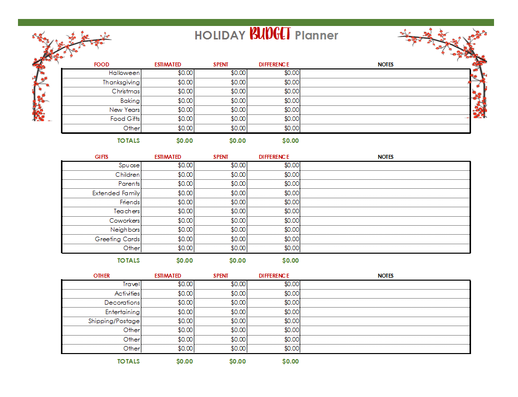 Digital Holiday Planner Spreadsheets